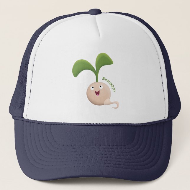 Cute happy seed sprout cartoon illustration trucker hat (Front)