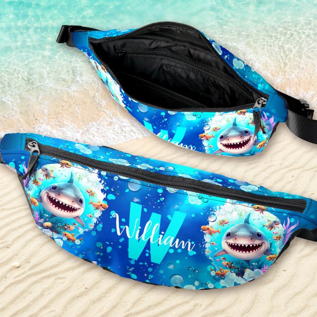Cute Happy Shark Ocean Blue Summer Vacation Name Bum Bags (Cute Happy Shark Ocean Blue Summer Vacation Name Fanny Pack)