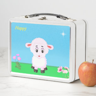 Cute happy sheep cartoon, flowers & star metal lunch box