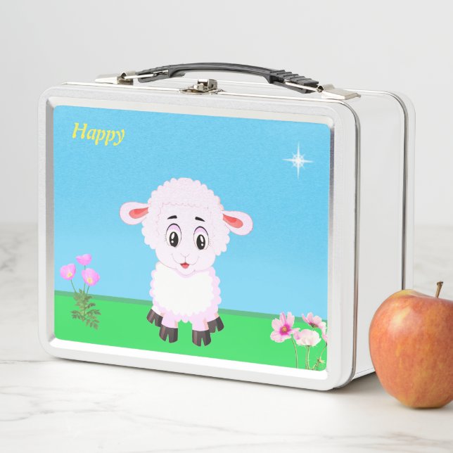 Cute happy sheep cartoon, flowers & star metal lunch box (In Situ)