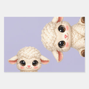 Cute Happy Sheep with Big Eyes Kawaii Farm Animal  Wrapping Paper Sheet