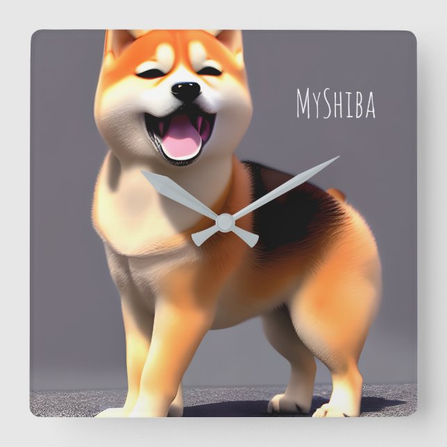 Cute Happy Shiba Inu Custom Portrait Photo & Name Square Wall Clock (Front)