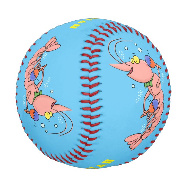 Cute happy shrimp, prawn cartoon baseball (Angled)