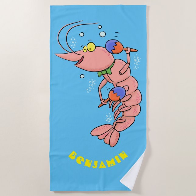 Cute happy shrimp, prawn cartoon beach towel (Front)