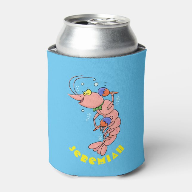 Cute happy shrimp, prawn cartoon can cooler (Can Front)