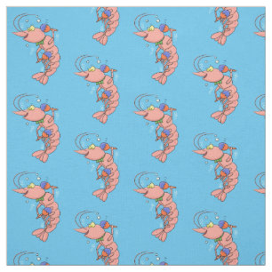Cute happy shrimp, prawn cartoon fabric