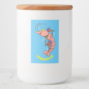 Cute happy shrimp, prawn cartoon food label