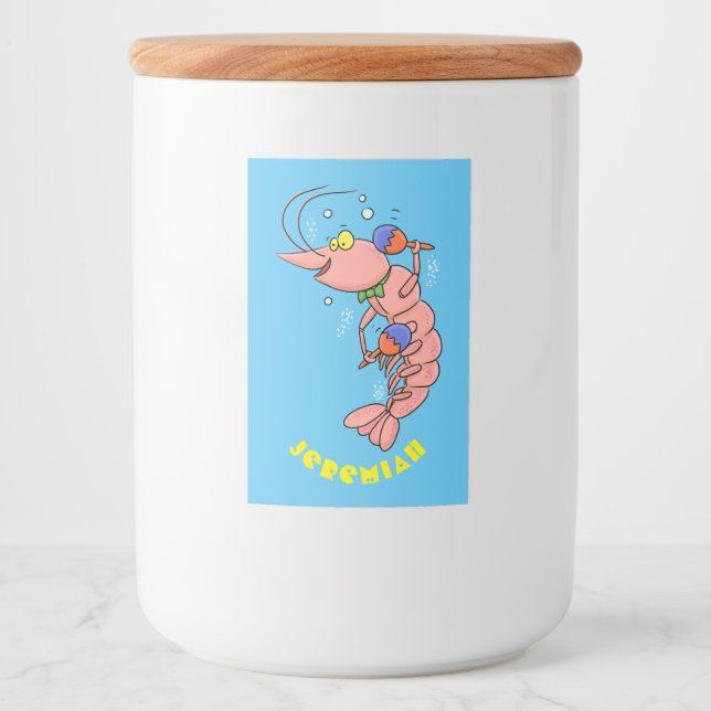 Cute happy shrimp, prawn cartoon food label (Front)