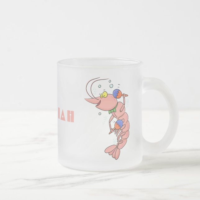 Cute happy shrimp, prawn cartoon frosted glass coffee mug (Right)