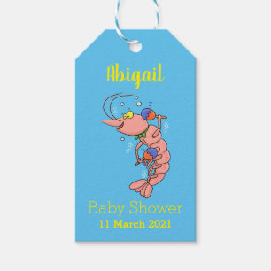 Cute happy shrimp, prawn cartoon gift tags