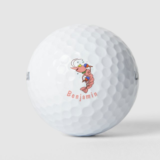 Cute happy shrimp, prawn cartoon golf balls (Front)