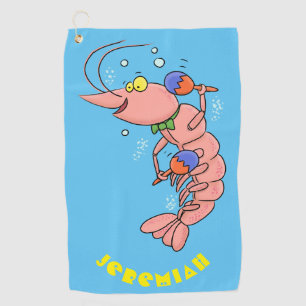 Cute happy shrimp, prawn cartoon  golf towel