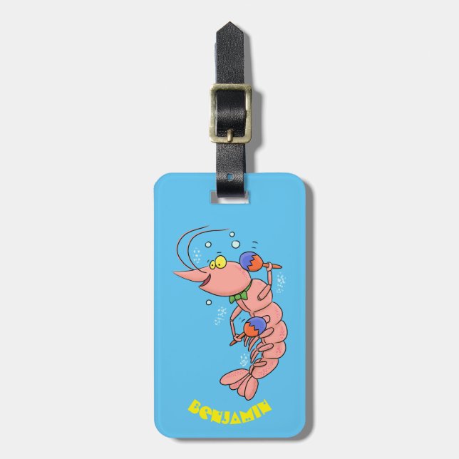 Cute happy shrimp, prawn cartoon luggage tag (Front Vertical)