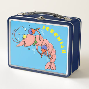 Cute happy shrimp, prawn cartoon metal lunch box