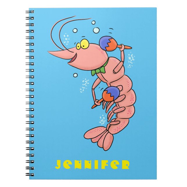 Cute happy shrimp, prawn cartoon notebook (Front)