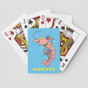 Cute happy shrimp, prawn cartoon playing cards