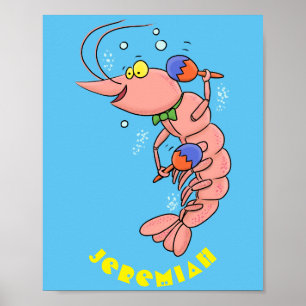 Cute happy shrimp, prawn cartoon poster