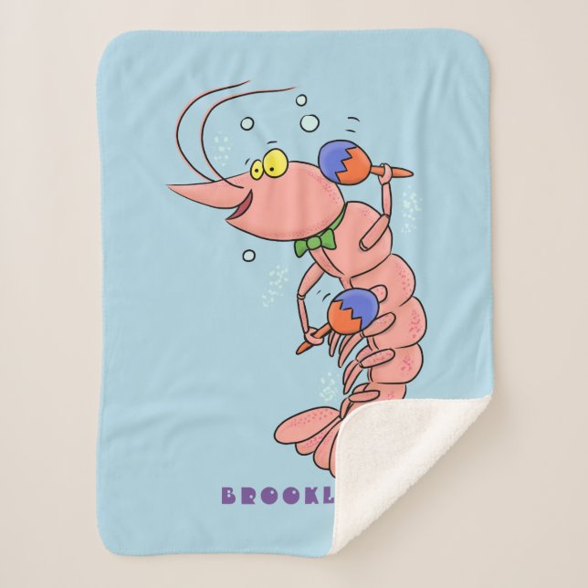 Cute happy shrimp, prawn cartoon sherpa blanket (Front)