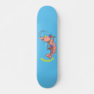 Cute happy shrimp, prawn cartoon skateboard