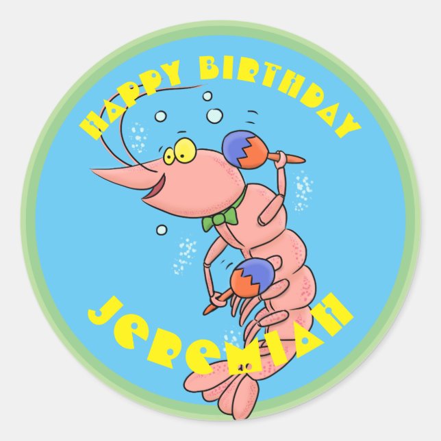 Cute happy shrimp, prawn cartoon sticker (Front)