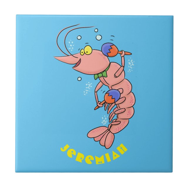 Cute happy shrimp, prawn cartoon tile (Front)