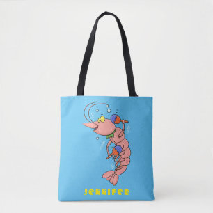 Cute happy shrimp, prawn cartoon tote bag