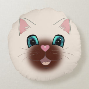 Cute Happy Siamese Cat Face Round Pillow