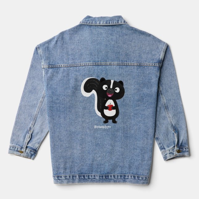 Cute happy skunk cartoon illustration denim jacket (Back)