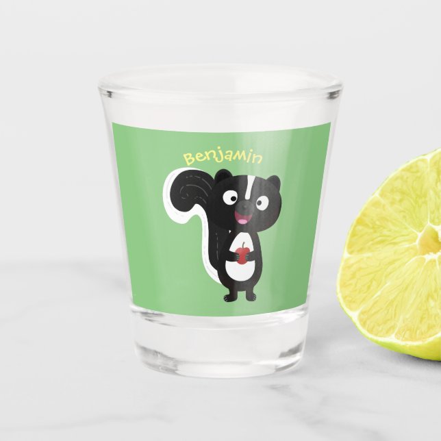 Cute happy skunk cartoon illustration  shot glass (Front)