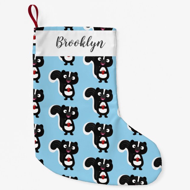 Cute happy skunk cartoon illustration small christmas stocking (Front)