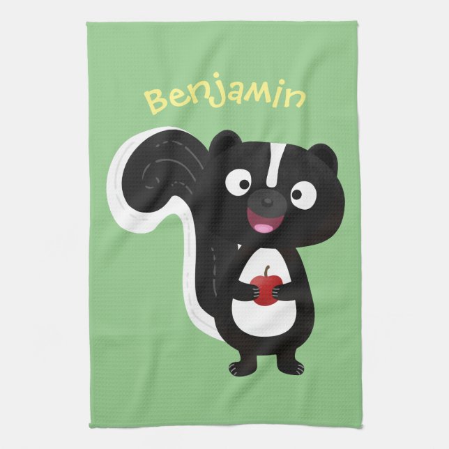 Cute happy skunk cartoon illustration tea towel (Vertical)