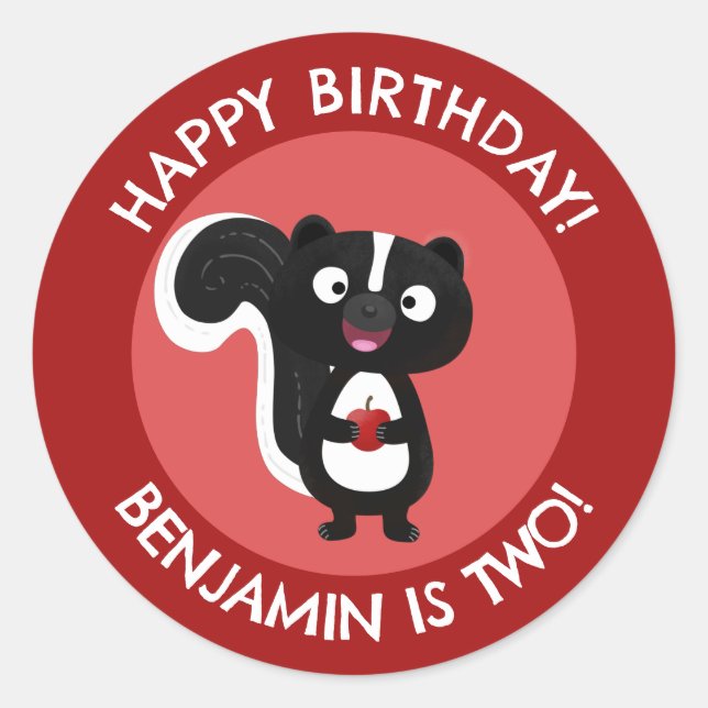 Cute happy skunk personalised cartoon birthday classic round sticker (Front)