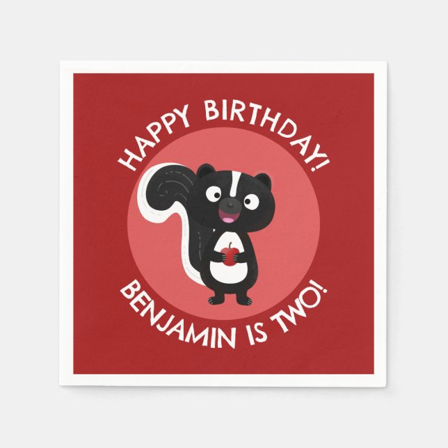 Cute happy skunk personalised cartoon birthday napkin (Front)