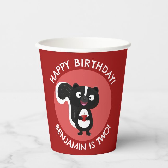 Cute happy skunk personalised cartoon birthday paper cups (Front)