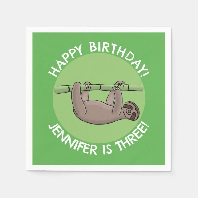 Cute happy sloth personalised cartoon birthday napkin (Front)