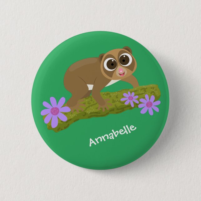 Cute happy slow loris on branch cartoon 6 cm round badge (Front)