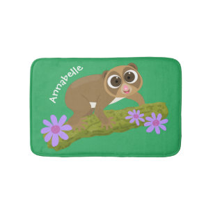 Cute happy slow loris on branch cartoon bath mat