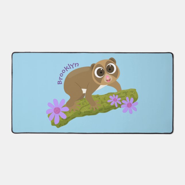 Cute happy slow loris on branch cartoon desk mat (Front)