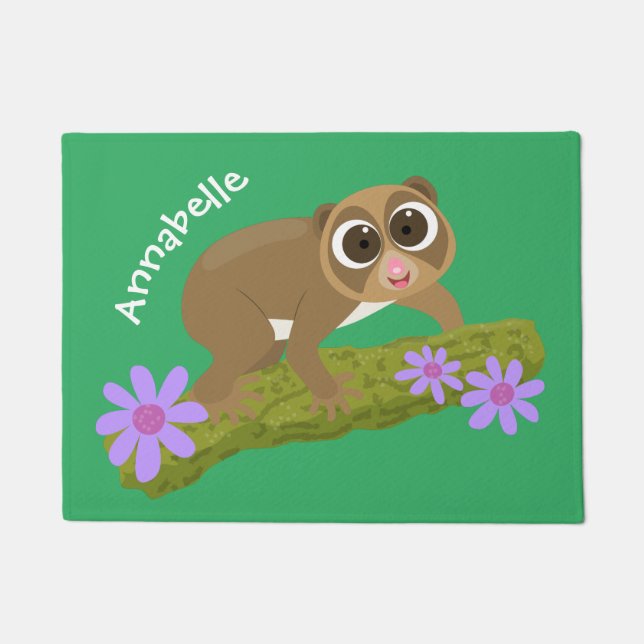 Cute happy slow loris on branch cartoon doormat (Front)