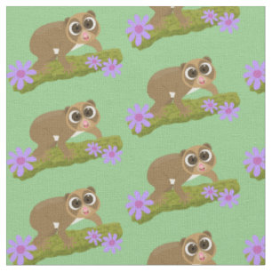 Cute happy slow loris on branch cartoon fabric