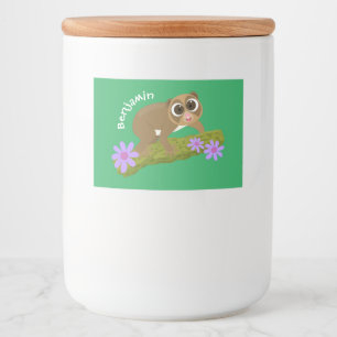Cute happy slow loris on branch cartoon food label
