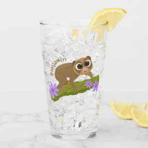 Cute happy slow loris on branch cartoon glass