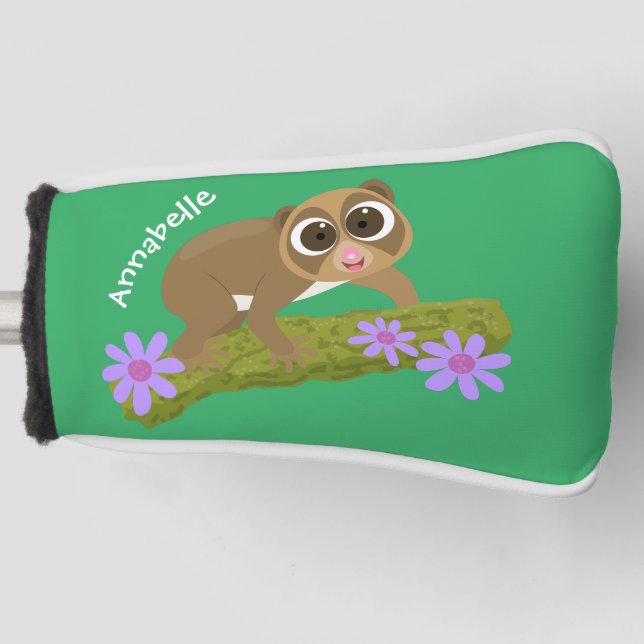 Cute happy slow loris on branch cartoon golf head cover (Front)