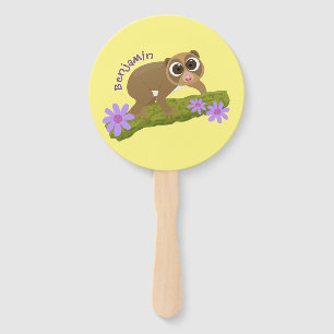 Cute happy slow loris on branch cartoon hand fan