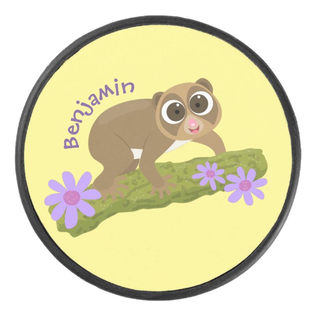 Cute happy slow loris on branch cartoon hockey puck (Front)