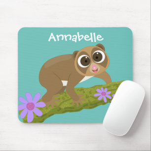 Cute happy slow loris on branch cartoon mouse mat