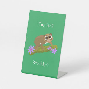 Cute happy slow loris on branch cartoon pedestal sign
