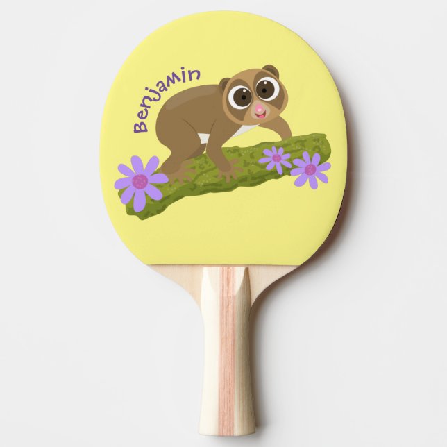 Cute happy slow loris on branch cartoon ping pong paddle (Front)