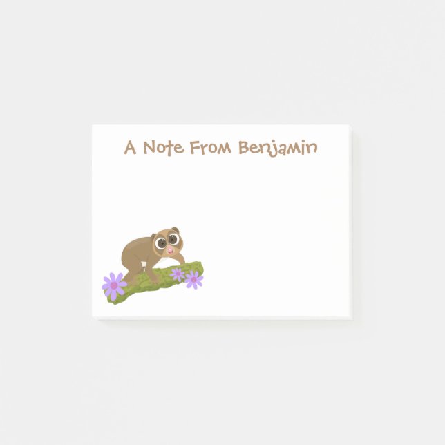 Cute happy slow loris on branch cartoon post-it notes (Front)
