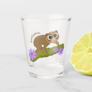 Cute happy slow loris on branch cartoon  shot glass